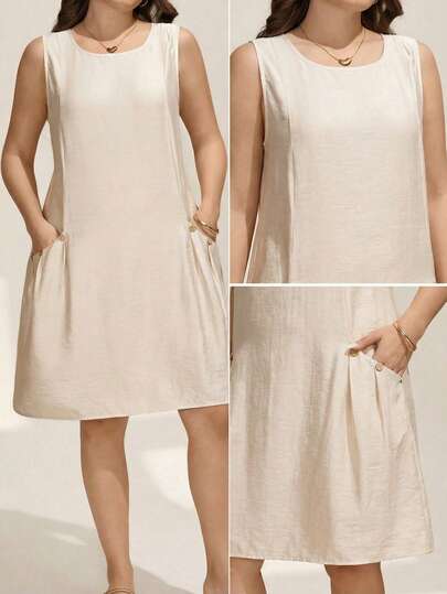 Comfylo 大码无袖纯色休闲连衣裙，夏季