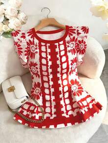 Franclia Áo kiểu nữ thanh lịch, dáng ôm, cổ tròn, viền bèo nhún, thích hợp mặc đi làm hoặc mặc vào mùa hè. - Nhiều màu - Xem 1