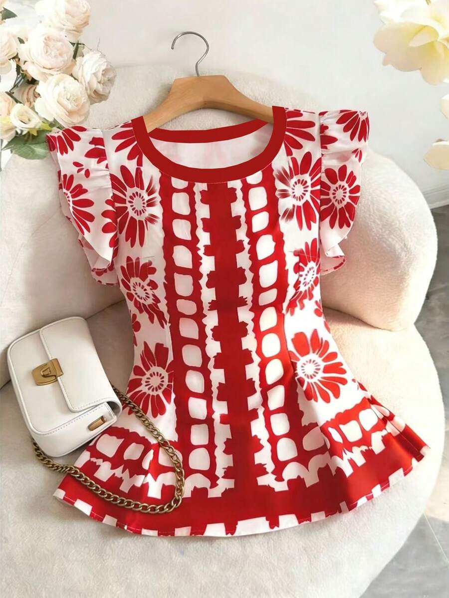 Franclia Áo kiểu nữ thanh lịch, dáng ôm, cổ tròn, viền bèo nhún, thích hợp mặc đi làm hoặc mặc vào mùa hè. - Nhiều màu - Xem 1