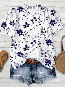 Franclia Chic Plus Size White Woven Fabric Blouse With Random Print Notched Neck And Ruffle Details Half Puff Sleeve Top - White - View 2