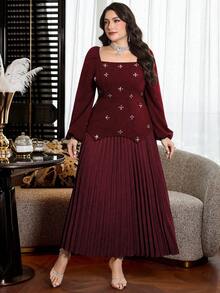 Modelyn Elegant Solid Color Diamond Decor Collared Long Sleeve Fitted Top And Solid Color Pleated Skirt Plus Size 2-Piece Set - Burgundy - View 4