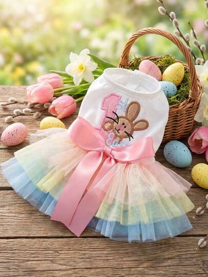 PETSIN 1 pieza Vestido de gasa bordado con princesa para mascotas, adecuado para gatos y perros, vestido abullonado arcoíris, ligero, adornado con lazos de satén, perfecto para Pascua, fiestas de cumpleaños y uso diario