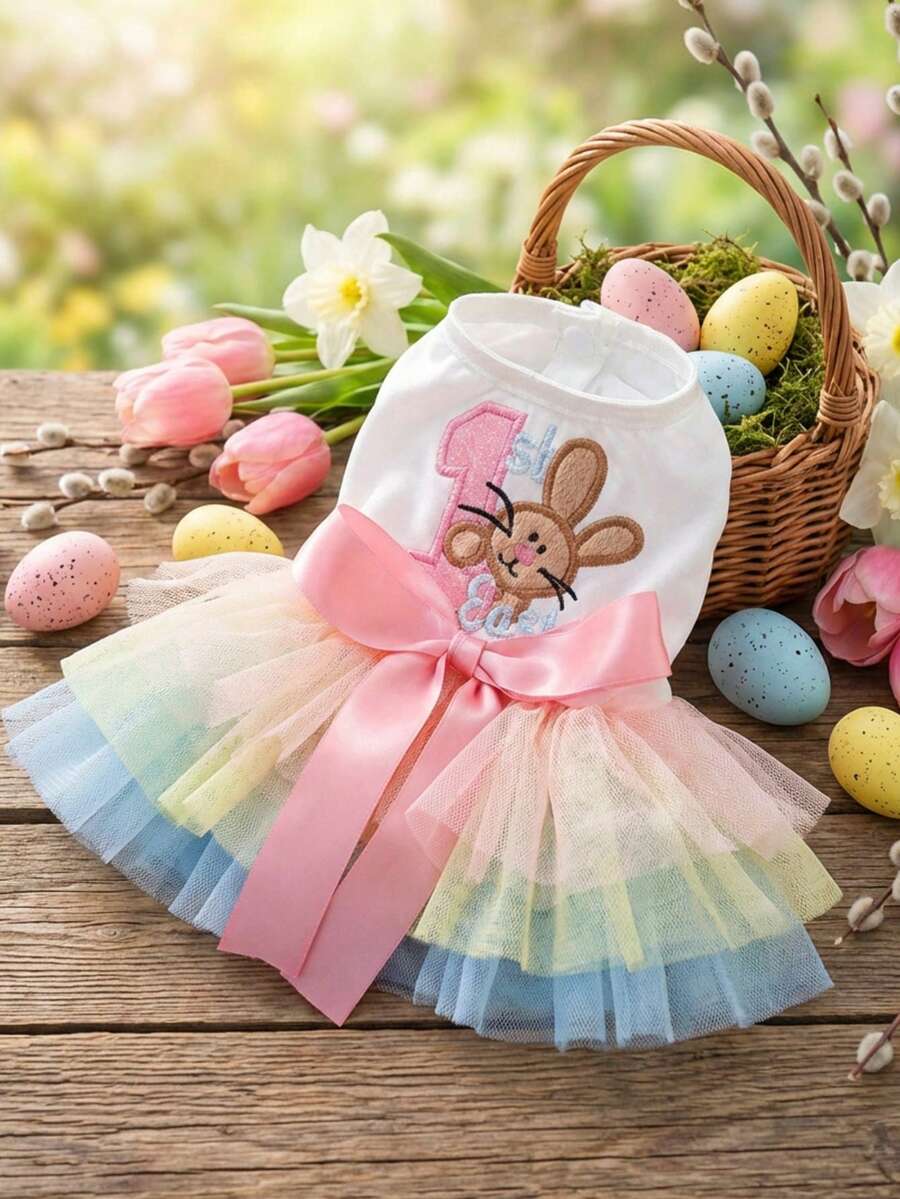 PETSIN 1件宠物兔刺绣公主薄纱连衣裙，适合猫狗穿着，彩虹蓬蓬裙，轻盈透气，饰有缎带蝴蝶结，是复活节、生日派对和日常穿着的完美之选。 - 彩虹色 - 查看 1