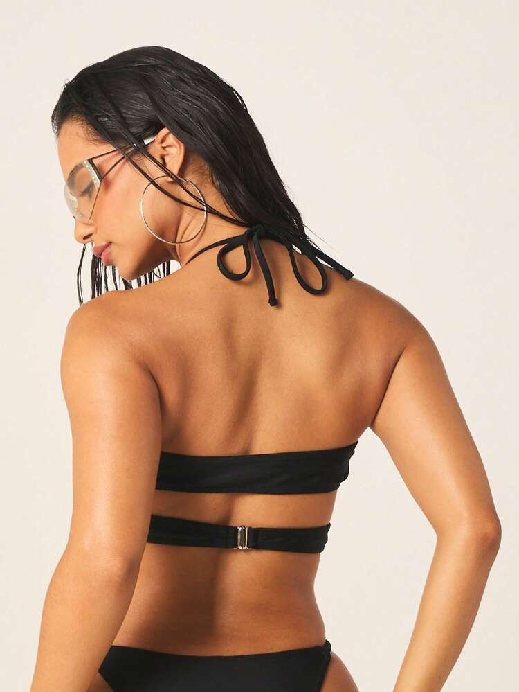 MISSGUIDED Conjunto de bikini negro de dos piezas con parte superior cruzada de halter y Bottom tipo culotte para vacaciones de verano en la playa