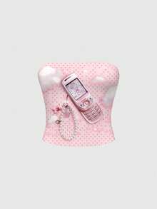 ROMWE Grunge Punk 可爱卡哇伊Y2K泰迪熊波点针织印花露脐上衣（女款） - 粉色 - 查看 1