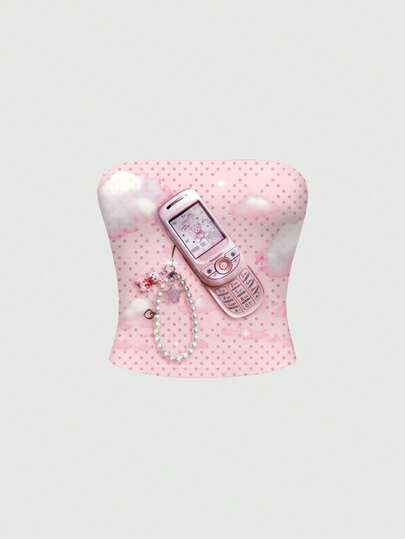 ROMWE Grunge Punk 可爱卡哇伊Y2K泰迪熊波点针织印花露脐上衣（女款）