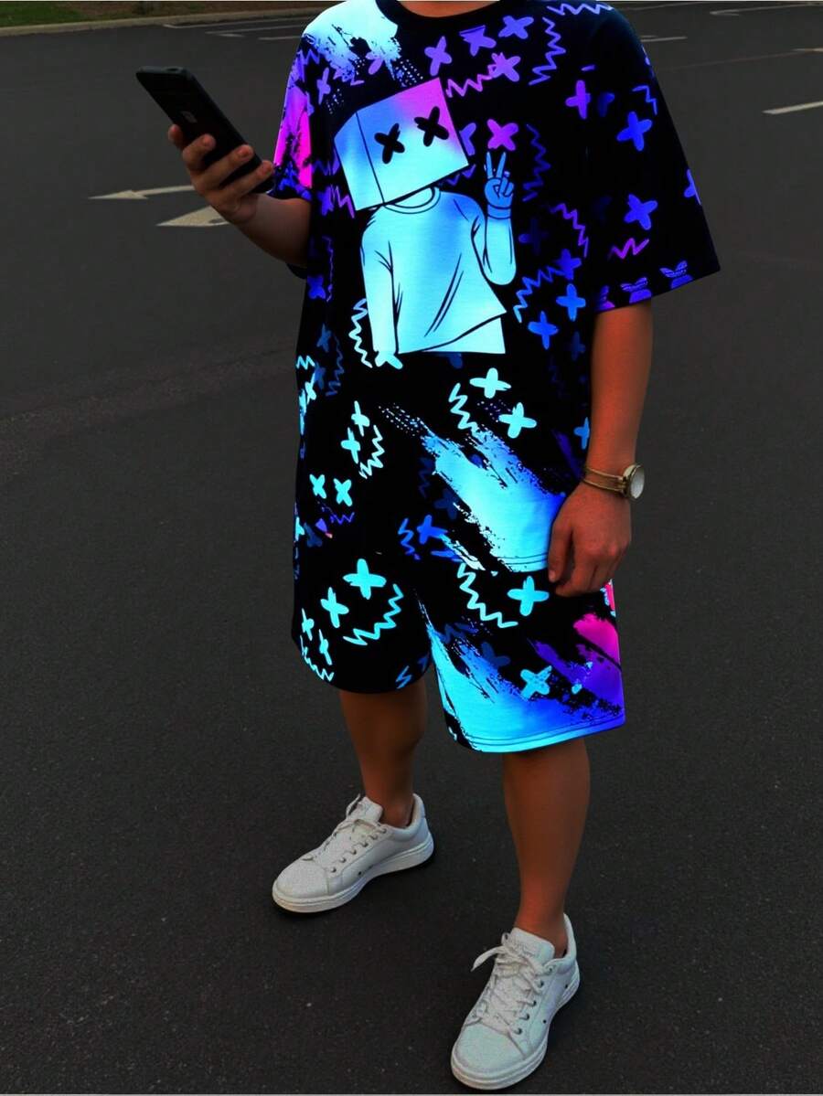 SHEIN 2pcs Tween Boy Black Casual Summer Streetwear City Break Outfit Set, Vision Fluorescent Cartoon Round Neck Short Sleeve T-Shirt And Shorts Set - Multicolor - View 1