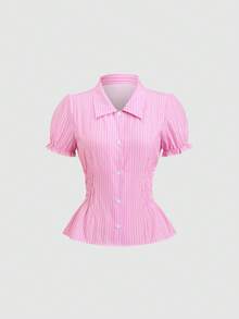 SHEIN Sweetro 女士粉色条纹甜美泡泡袖短款上衣，韩版修身款，春夏款 - 粉色 - 查看 3