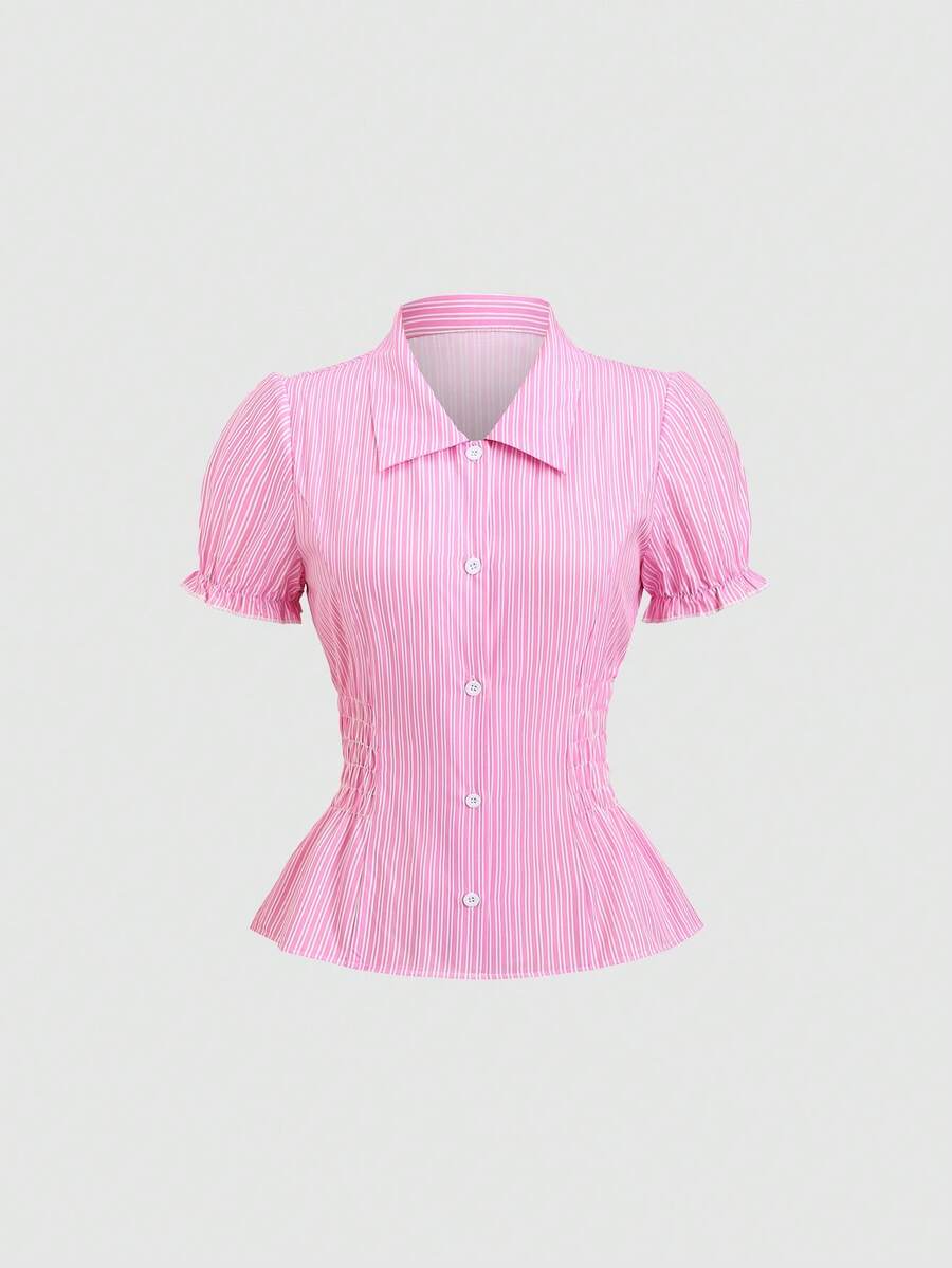 SHEIN Sweetro 女士粉色条纹甜美泡泡袖短款上衣，韩版修身款，春夏款 - 粉色 - 查看 1