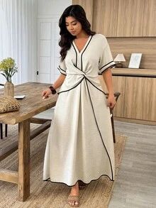 EMERY ROSE Đầm maxi ngắn tay màu đen phối cotton-linen màu mơ, một chiếc đầm cỡ lớn dành cho phụ nữ vào mùa xuân và mùa hè. Thích hợp cho những kỳ nghỉ thư giãn và những buổi đi chơi hàng ngày. - Màu be - Xem 7