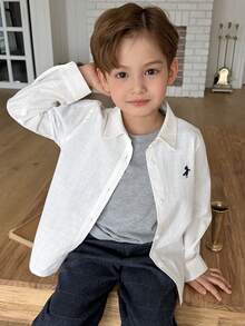 DAZY Young Boy Embroidered Front Button Casual Long Sleeve Shirt - White - View 3