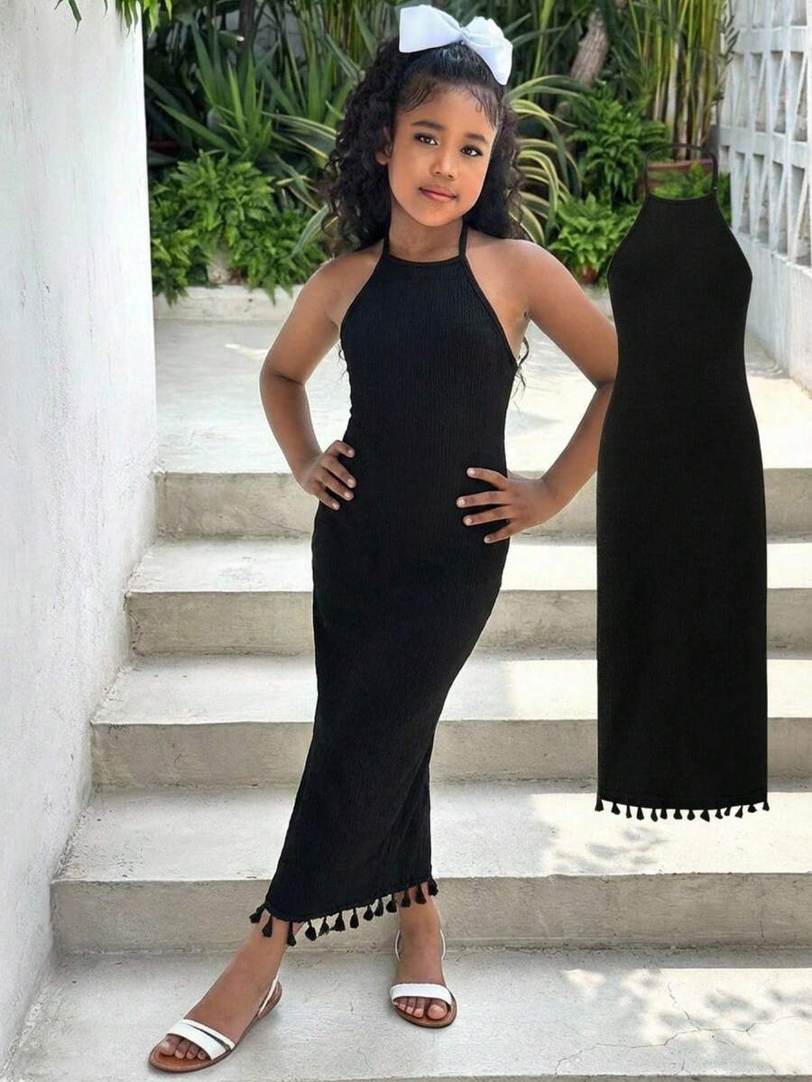 SHEIN 黑色少女长裙，质感面料，露肩吊带设计，流苏下摆，柔软面料，适合夏季穿着，褶皱修身剪裁，个性化吊带设计，适合日常/轻度社交场合，优雅不束缚，易于搭配和保养，打造甜美又酷炫的女孩造型 - 黑色 - 查看 1