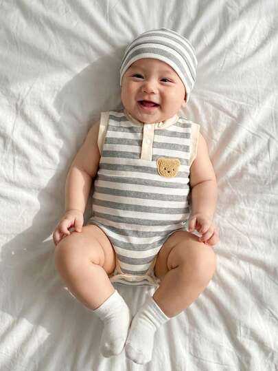 Souflis Souflis 1pc Baby Boys Casual Comfortable Knitted Striped Tank Bodysuit With Cartoon Bear Embroidery Patch Decor, Suitable For Outdoor Activities, Indoor Leisure, Summer, Infant Baby Boys Clothes, Newborn Baby Romper, Baby Bodysuit, Kid Clothes, Toddler Clothes, Baby Outfit, 1M-2T