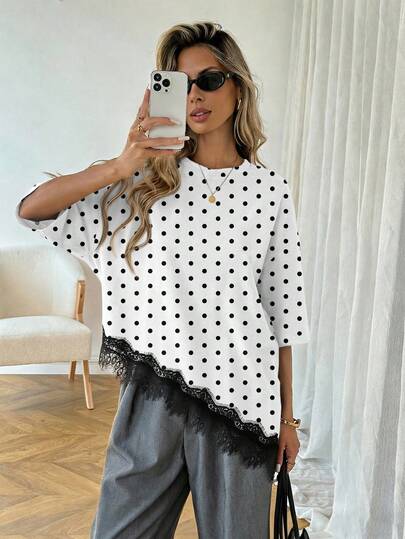 SHEIN LUNE Women's Casual Solid Color Fashion Polka Dot Asymmetric Hem Lace Patchwork T-Shirt, Versatile Daily Wear, Spring/Summer Leisure Top, Suitable For Vacation, Summer, Spring, Spring Break And Various Occasions, Including Beach Dress, Casual Shirt, Outerwear And Summer Top.