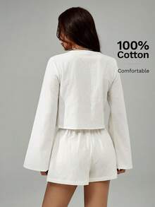 SHEIN PETITE Women's Bohemian Cashew Print Tie Front Shirt And Shorts Set, 100% Cotton - White - View 2