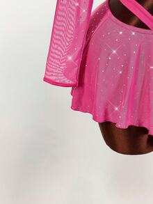 Amplova 亮片细节性感紧身长袖露脐上衣和紧身倒V领迷你裙两件套 - 玫紅色 - 查看 6