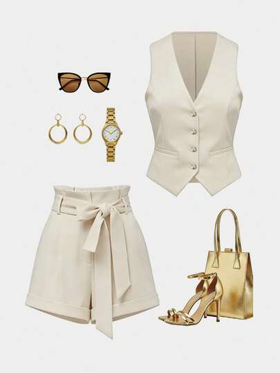 GlowEve Women's Summer Casual Everyday/Office Commute Minimalist Solid Color V-Neck Vest And Paper Bag Waist Shorts 2-Piece Set