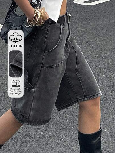 DAZY Western Cowgirl Split Pocket Straight Leg Capri Jeans, Casual Street Style Denim Shorts For Women, Spring/Autumn