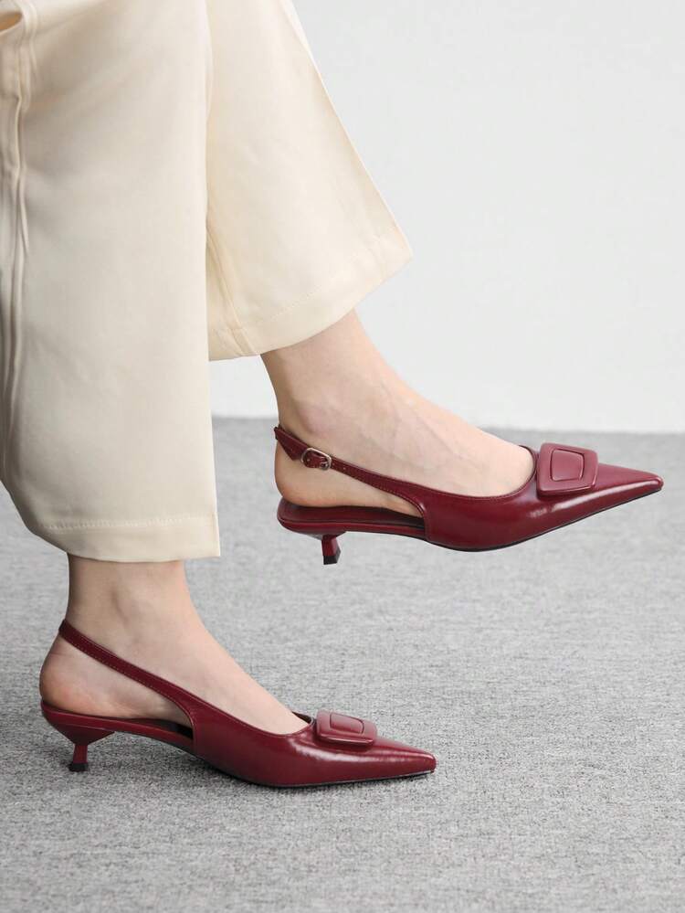 CUCCOO BIZCHIC Women's New Pointed Burgundy Glossy Oily Leather Rear Strap Rear Thin Heel Closed Toe Commuting Temperament Fashionable Wear High-Heeled Sandals Spring Shoes