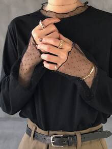 Dazy Tall 高个女式蕾丝拼接圆领长袖套头T恤 - 黑色 - 查看 6