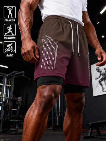 GymBeat 男士渐变印花双层运动短裤