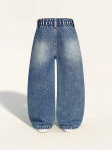 SHEIN Casuvi Kids 2026 Spring/Summer New Girls Loose Straight Leg Lightweight Comfortable Casual Versatile Snug Fit Vacation Jeans. Elastic Waistband For Easy Wear, Loose Fit Snug Fit Design, Button Closure For Convenient Dressing. Suitable For Home, Daily Wear, Dates, Shopping, Leisure Activities, Parties With Friends, Vacations. Multi-Pocket Wide Leg Fashionable Denim Pants For All Year Round. Kids Baggy Jeans Loose Jeans Girls Jeans Kids Wide Leg Jeans - Medium Wash - View 2