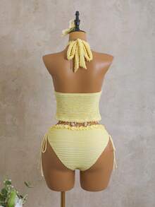 Swim Mod Women's 2pcs Summer Beach Swimsuit Set, Special Textured Halter Neck Tie Top And Ruffle Trim Drawstring Waist Bikini Bottom - Yellow - View 2