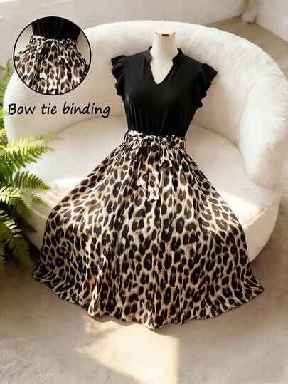 GlowEve CURVE 加大码V领短袖修身系带腰豹纹拼接连衣裙