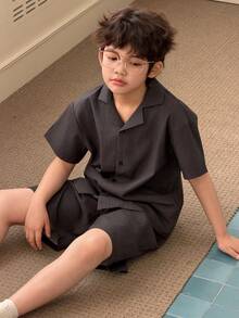 DAZY Conjunto de pijama de niño preadolescente con top de manga corta de un solo pecho y pantalones cortos de unicolor - Gris - Ver 8