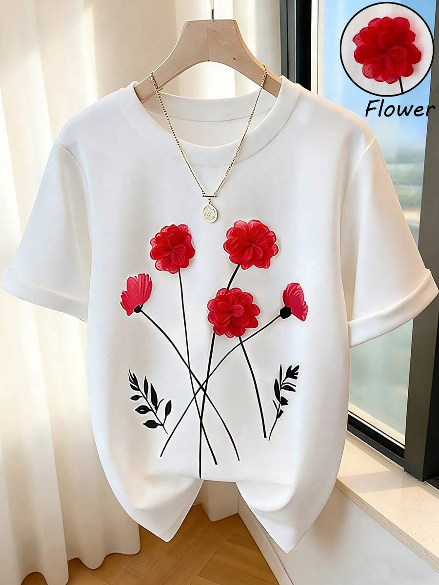 Franclia 法式时尚休闲宽松修身短袖红色3D立体花卉白色短袖T恤，适合春夏穿着，女士休闲上衣，户外休闲两相宜。夏季可爱碎花纯棉T恤 - 白色 - 查看 1