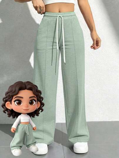 Pantalones de chándal de cintura alta de color sólido - Pantalones de yoga de pierna ancha y corte holgado con bolsillos laterales, adecuados para el uso diario en otoño, pantalones casuales holgados de unicolor y elegante y minimalista