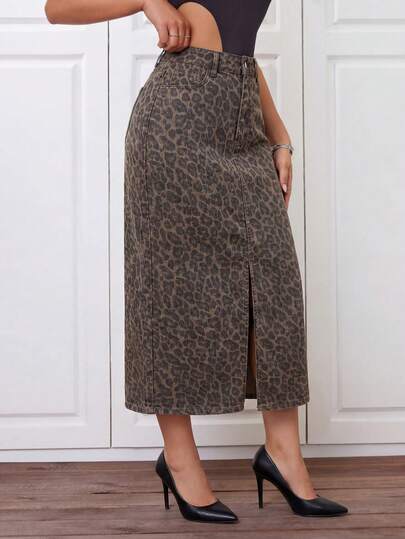 SHEIN ICON 女士高腰豹纹开衩下摆休闲牛仔裙