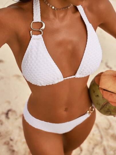 Swim Vcay Plain All White Textured Knit Bikini Set With Metal Embellished Tie Front