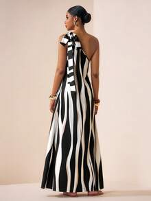 Zivah 2026 Spring/Summer New Arrival, Suitable For Valentine's Day, Wedding Season, Music Festivals, Easter, Western Style, Nomadic Style, Bohemian, Nashville, Party Attendance, Wedding, Evening Party, Date, Gathering, Birthday Party, College Style, Student Wear, Daily Outings, Basic Versatile, Casual, Vacation, Cruise Travel, Beach, Sunbathing, Viral Hit, Elegant, Commute, Business Casual, One-Shoulder Tie Strap Asymmetric Sleeveless, Wavy Black Khaki Stripe Print Loose A-Line Maxi Dress, Striped Maxi Dress, Spring/Summer Maxi Dress, Party Maxi Dress, Sexy Maxi Dress, Vacation Maxi Dress, Casual Maxi Dress, Women Maxi Dress - Multicolor - View 2