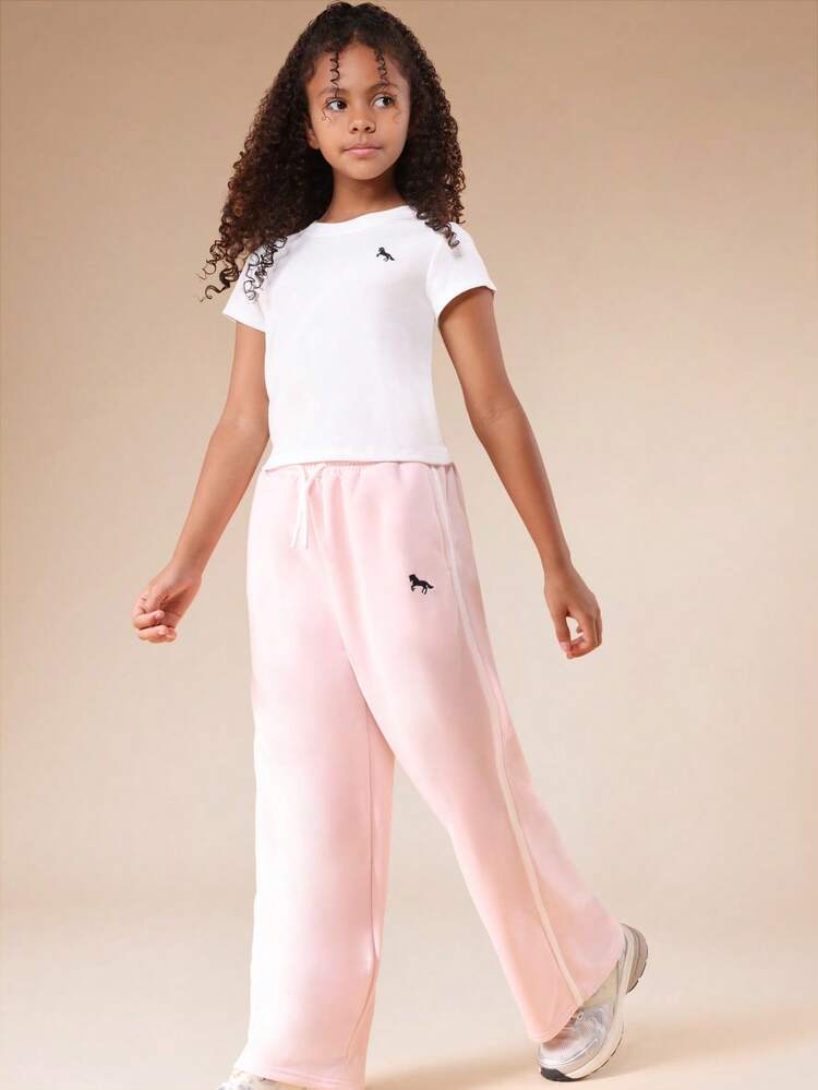 Tween Girls Horse Logo T-Shirt And Wide Leg Trouser Co-Ord Set Casual Summer Outfit Light Pink White Short Sleeve Crew Neck Two Piece