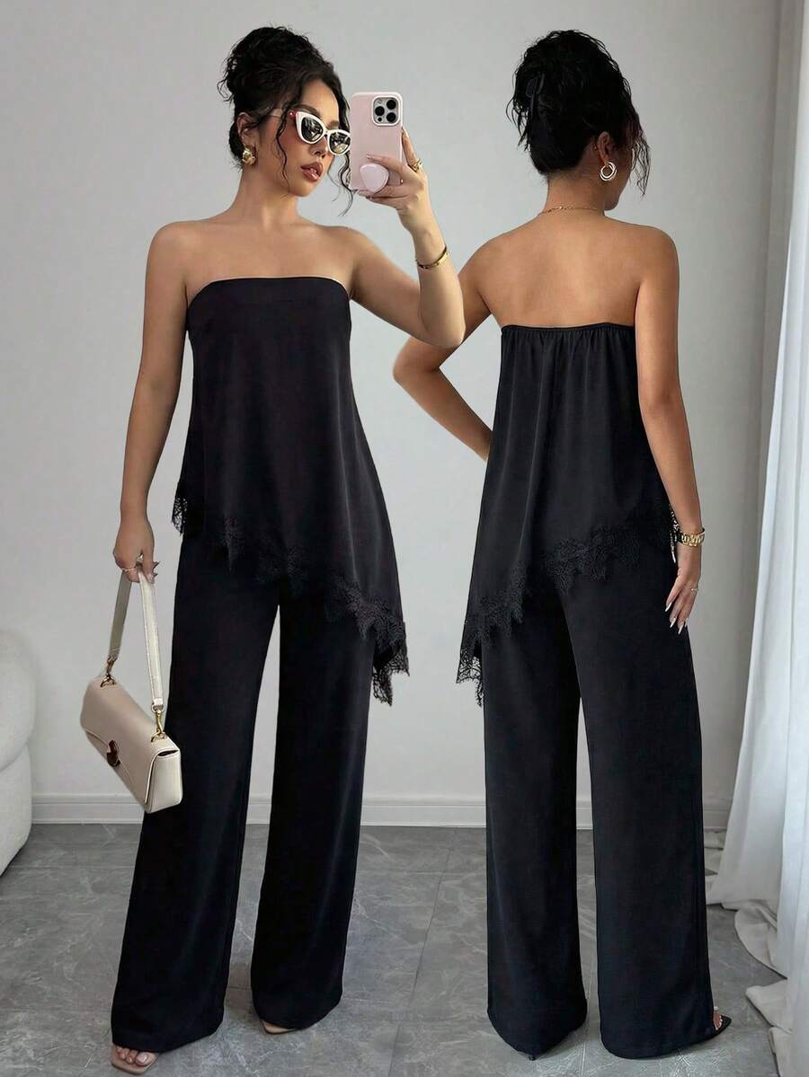 Elenzga Standard Size Women's Spring/Summer Asymmetric Hem Lace Patchwork Elegant Long Suit - Black - View 1