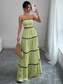 Rafferiza Petite 2件套女士优雅撞色上衣和裙子套装 - 綠色 - 查看 4