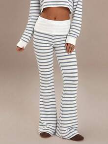 Athîral Women's Casual Striped Flare Knit Pants - Blue - View 1