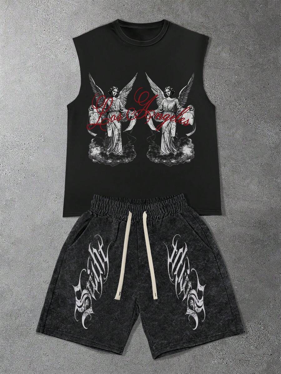 Manfinity EMRG Bộ áo vest nam in hình tượng thiên thần và khẩu hiệu Los Angeles Saint, áo không tay và quần short phong cách đường phố Mỹ, bộ đồ hai mảnh nam, áo thun in hình, áo nữ, trang phục thường ngày, trang phục mùa xuân, trang phục ngày lễ, áo đen, quần áo mùa xuân, áo sơ mi nữ, trang phục mùa xuân, bộ đồ hai mảnh nam, áo tank top cỡ lớn, thời trang SS26 mới, trang phục không tay nam, trang phục mùa hè, quần áo mùa xuân, áo mùa hè cho nữ, thời trang SS26 mới. - Nhiều màu - Xem 1