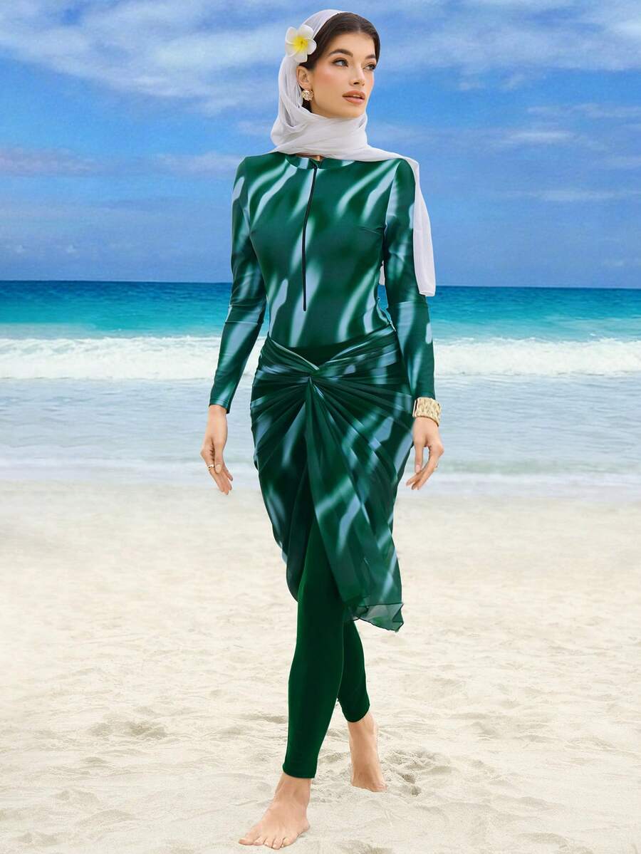 Swim Shayni Damen Batik Grün Boho Burkini Bademode 3-teiliges Set (Bademode + Maxirock + Hose), Strandurlaub, Frühling/Sommer - Grün - Übersicht 1