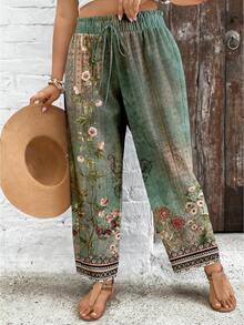 SHEIN VCAY 大码复古绿色印花裤，适合度假 - 彩色 - 查看 3