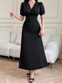 DAZY Women's Elegant Solid Color Waist Cinched Long Dress, Summer Sundress - Black - View 1