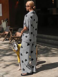 DAZY 两件套心形条纹图案短袖开衫上衣和直筒长裤女士夏季睡衣套装 - 黑色 - 查看 2