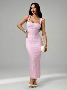 SHEIN PETITE New Summer Women's Sexy S-Shaped Lace Long-Sleeved Bra With Fishtail Straps And A Pink Bodycon Dress For Parties, Dates, And Evenings. - Pink - View 4