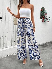 SHEIN Holidaya Chân váy maxi in họa tiết ống rộng, thắt nơ, cạp chun dành cho nữ - Màu xanh lam - Xem 4