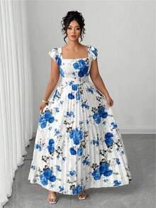 Elenzga Plus Size Women's Vintage French Style Versatile Vacation Date Ruched Waist Slimming Floral Print Ruffle Sleeve Square Neck Maxi Dress - Blue and White - View 3