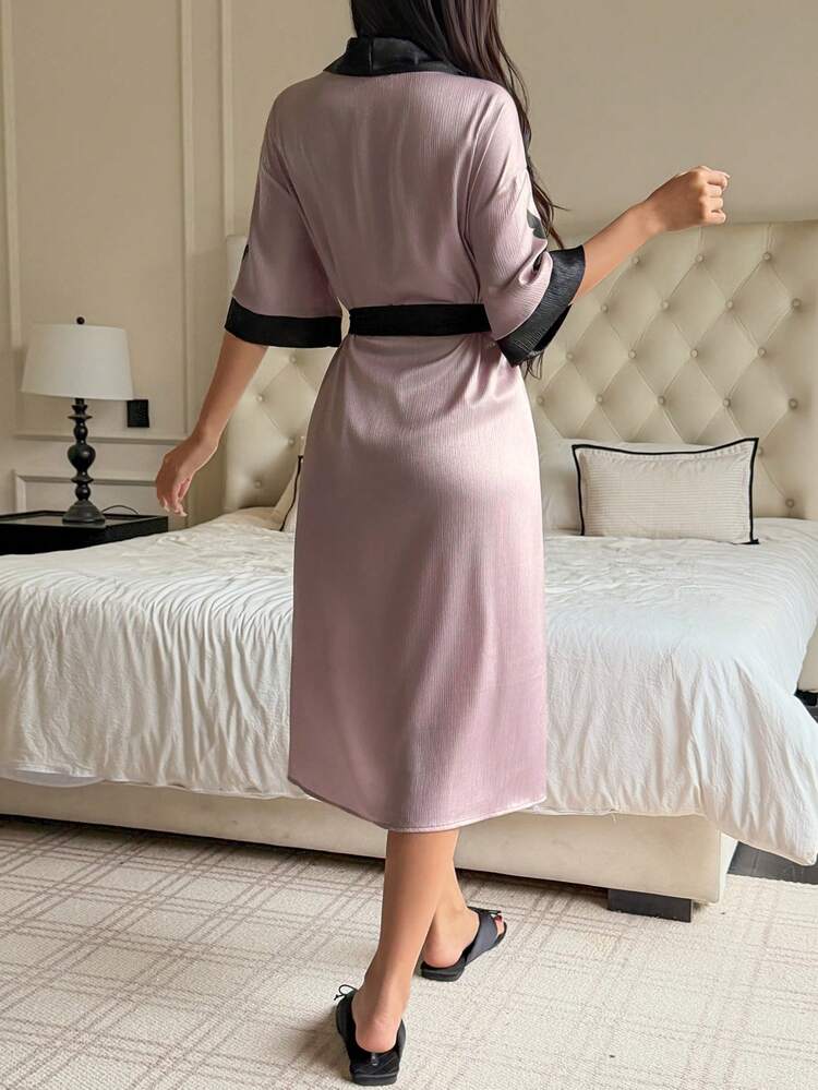 Floral & Bird Pattern Loose Fit Contrast Color Short Sleeve Robe, Women Sleepwear