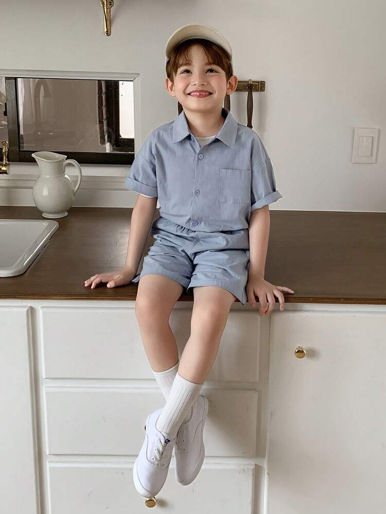 Young Boys Solid Color Short Sleeve Shirt & Shorts Set