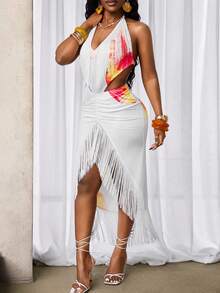 BamGleam 性感度假风印花露背系带连衣裙，饰有流苏和精美设计细节 - 彩色 - 查看 3