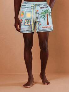 SUMWON Regular Men Summer Beach Swim Shorts With Tropical Palm Tree Print And Patch Design Pull On Drawstring Waist Vacation - Blue - View 1